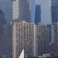 BESHERTE, a Buzzards Bay 18 built by Artisan Boatworks, Rockport, Maine, sails in New York with the backdrop of the Manhattan skyline