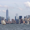 BESHERTE, a Buzzards Bay 18 built by Artisan Boatworks, Rockport, Maine, sails in New York with the backdrop of the Manhattan skyline